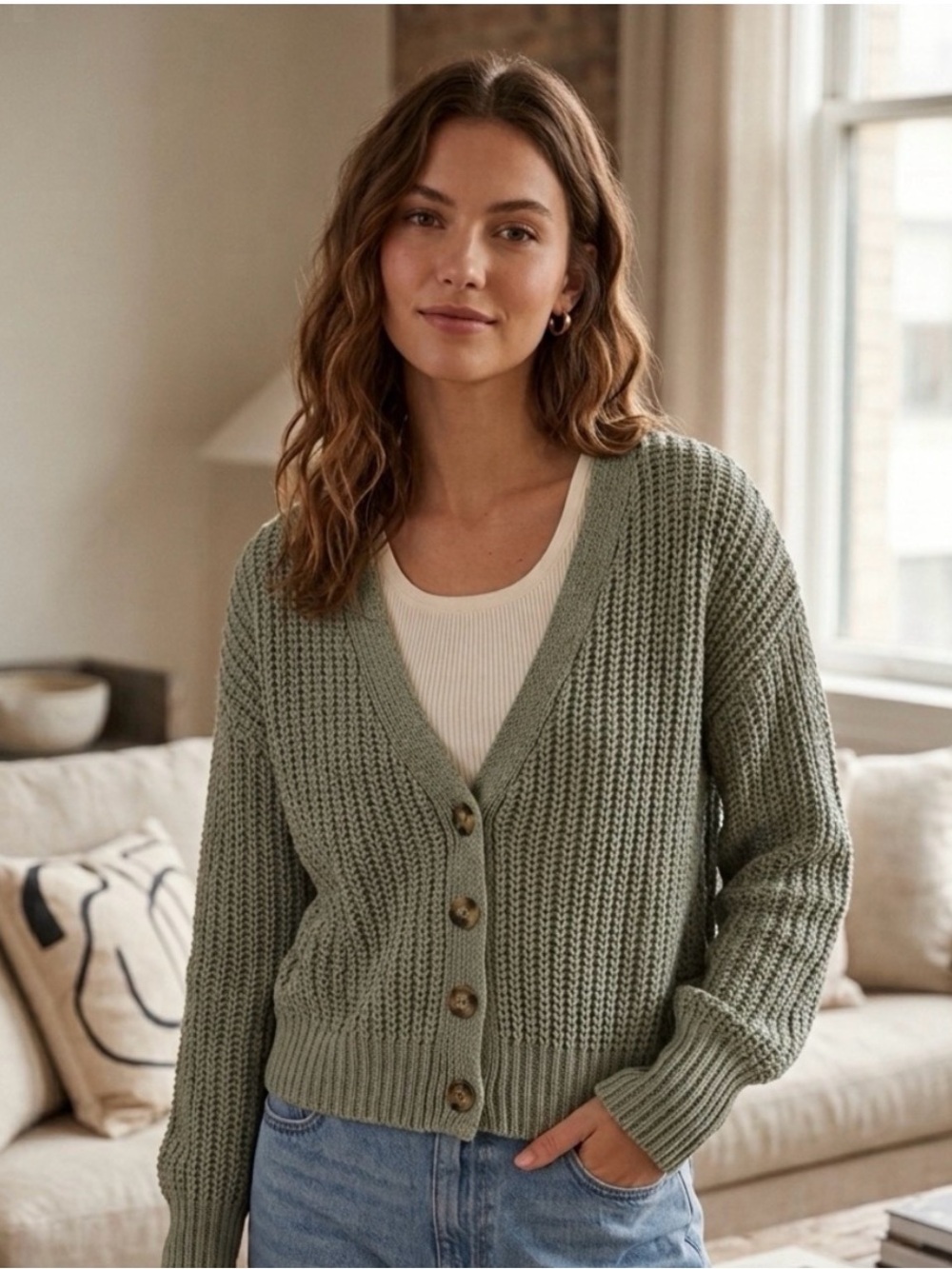 MOON & MADISON Chunky V‑Neck Button Cardigan M Sage
